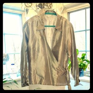 Faux wrap silver silk taffeta blouse